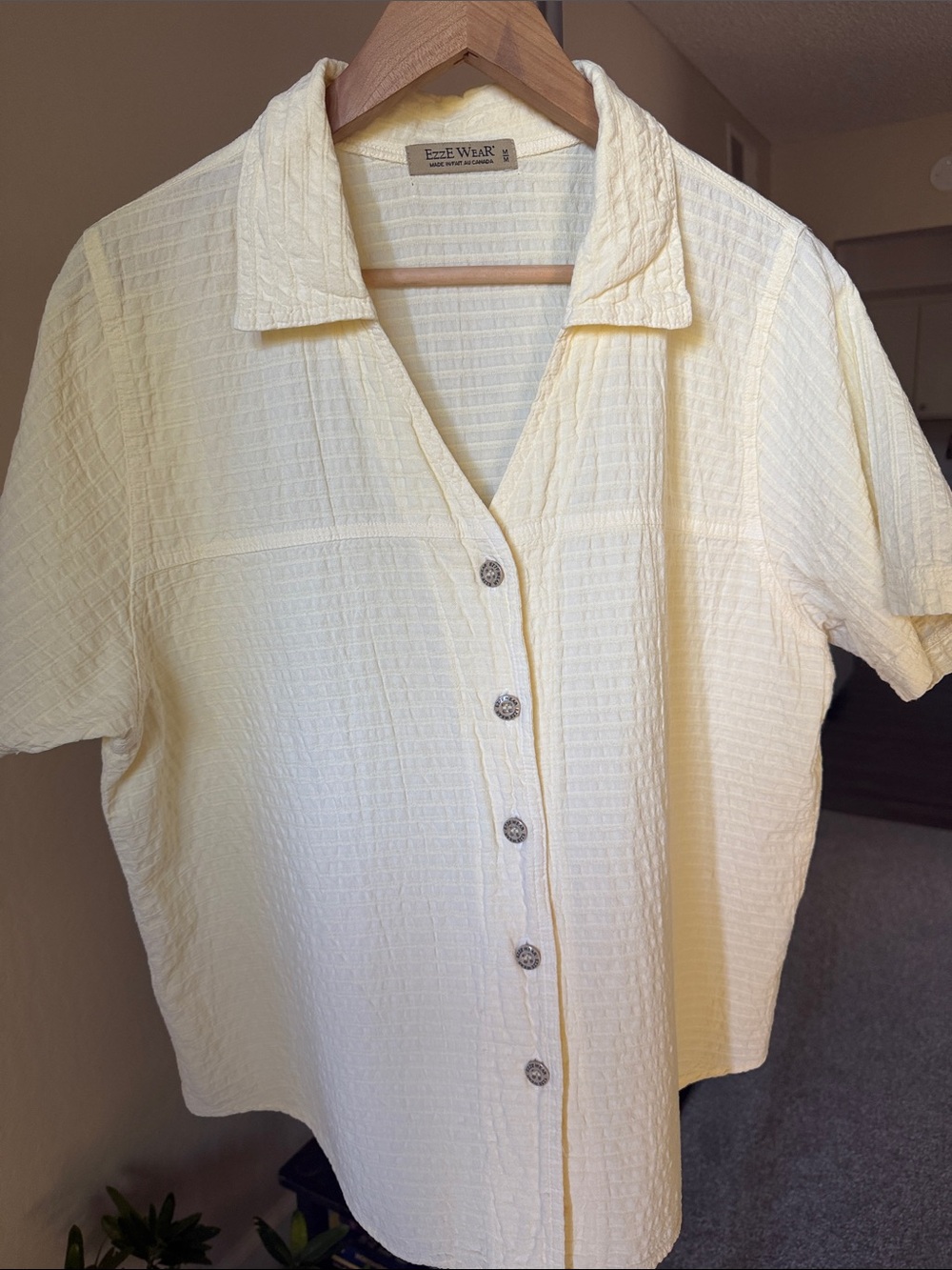 Ezze Wear Yellow Crinkle Cotton Button Down Shirt Blouse Size M Vintage Canada